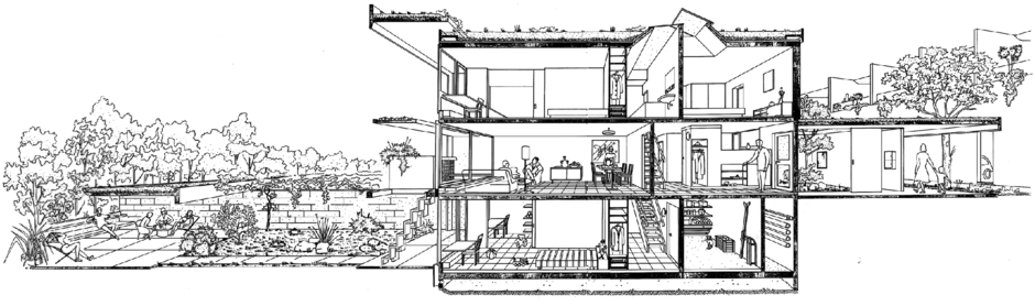 Perspektivischer Schnitt durch den kleinen Haustyp (Typ 380)